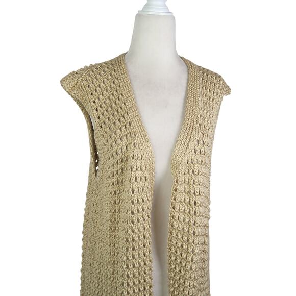 Vintage Tan Crochet Knit Long Cardigan Sweater Vest Duster Handmade - Picture 2 of 4